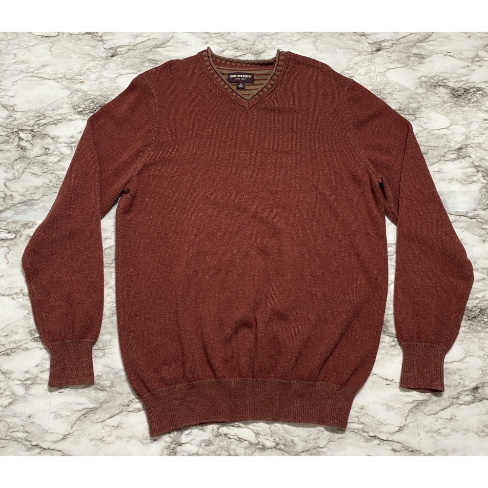 Johnston & Murphy Men's Sweater Size M Ocher Pullover V Neck Cotton Nylon Wool‎